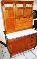 Wonderful Oak Hoosier Cabinet w/ Slag Glass Insert