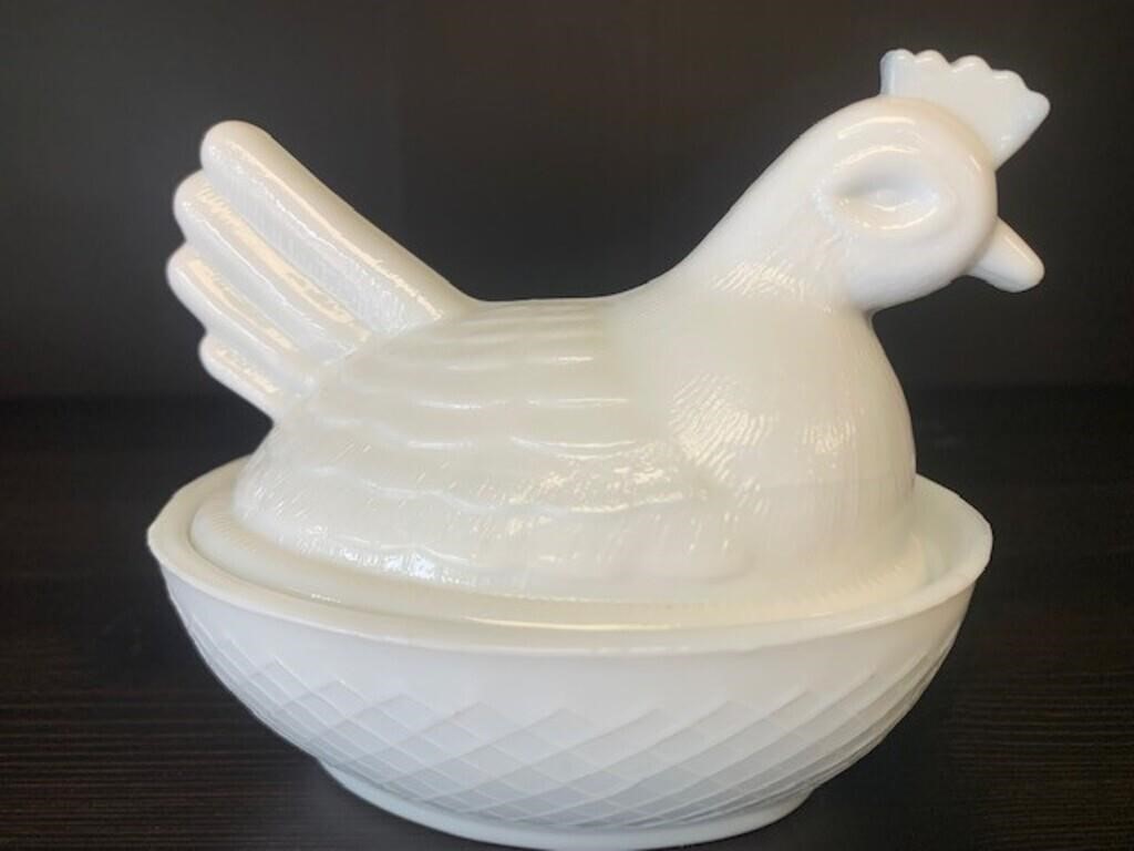 Vintage Milk Glass Hen On Nest Covered Dish