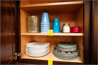Contents of Cabinet - Plates, Tumblers, Candles