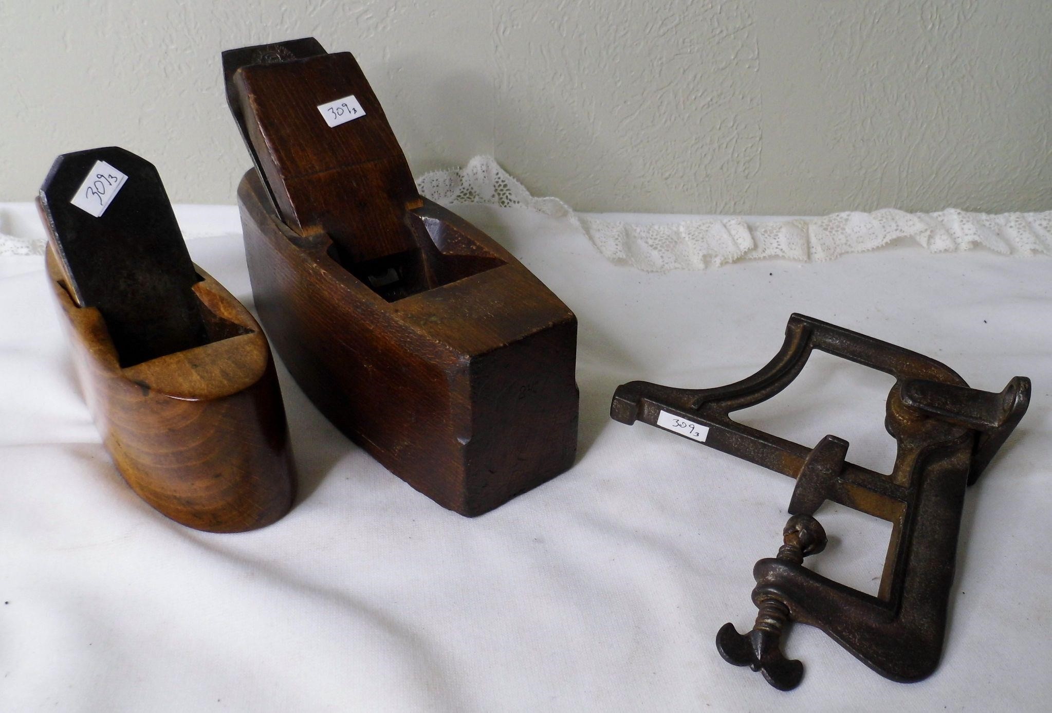 2 Vtg Wood Block Planes & Ironing Board Clamp