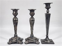 PAIR OF ROGERS PLATED CANDLESTICKS & SINGLE STICK