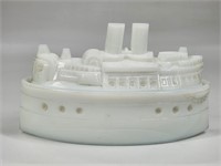ANTIQUE MILK GLASS SHIP COVERED DISH