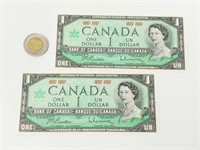 2 billets de 1$ du Canada, 100e confédération,1967