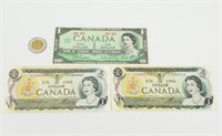 3 billets de 1$ du Canada, 1967 & 2x 1973 -