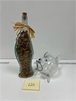 Vintage glass bottle w/ cork & blown glass fish