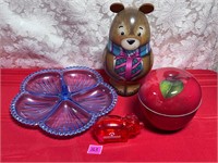 Tin Apple&Bear Container,Plastic Blue Section Dish