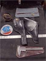 2 Leather Gun holsters, George Scherr Micrometer,