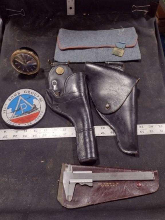 2 Leather Gun holsters, George Scherr Micrometer,