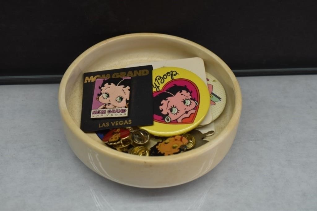 Betty Boop Lapel Pins, Pinback Buttons, in Bowl