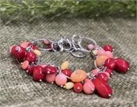 Red Coral & Peach Dangle Beaded Sterling Bracelet