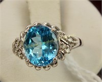 FANCY 10K WHITE GOLD DIAMOND AND BLUE STONE RING