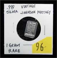 .999 Silver vintage Johnson Matthey 1 gram silver