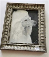 Framed oil on board, signed 12 x 14"  white poodle