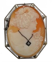 14kt Gold Large Cameo & Diamond Pendant/Brooch