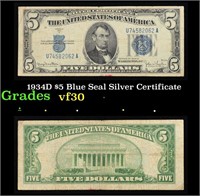 1934D $5 Blue Seal Silver Certificate Grades vf++