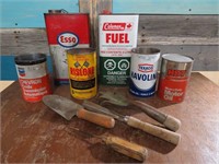 VINTAGE OIL TIN CANS & GARDEN TOOLS