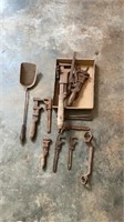 Vintage adjustable wrenches, coal shovel