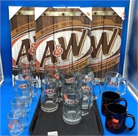 Lot Of A&W Root Beer Wall Art And Glasses