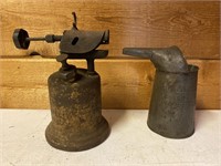 Antique brass torch and oil measure can