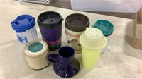 Lot of drinking cups, traveling coffee mugs