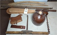 COUNTRY TOOLS, YOKES, HAY HOOK, HAND DRILL, JUG