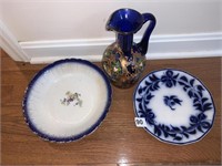 HAND PAINTED BLUE GLASS PITCHER, BLUE FLOW PLATE,