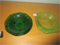 Green hobnail and Uranium glass dish
