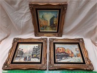 (3) Art w/Gold Frames Hand-Painted Canvas