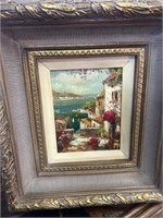 Small Original Oil Painting Village Ocean Overlook