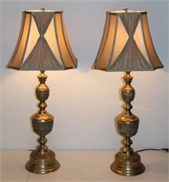vintage pair solid brass lamps w silk shades