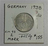 1938-D  German  2 Mark   AU  .625 silver