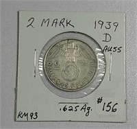 1939-D  German  2 Mark   AU-55  .625 silver