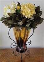 E - ART GLASS VASE W/ STAND & FAUX FLOWERS