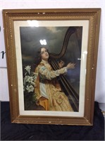 LARGE FRAMED WOMAN AND HARP PICTURE