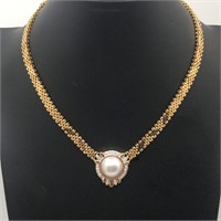 14k Gold, Diamond & Mabe Pearl Pendant Necklace