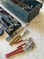 METAL TOOL BOX WITH PLIERS, SOCKET, RATCHET, MISC