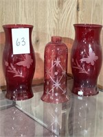 3 Red Glass Vases. With Frosted designs. 12 in