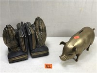 Vintage Book End and Brass Pig Bank