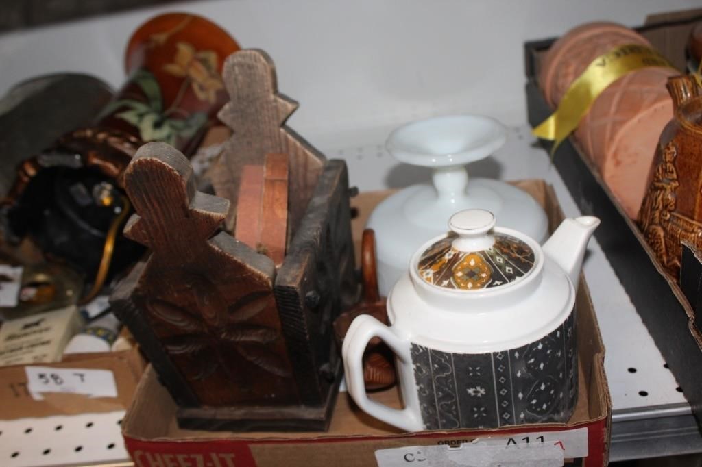 vtg Teapots, Wood Bread, milk glass etc.