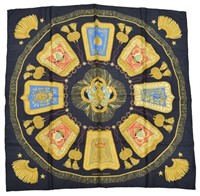 HERMES 'POSTE ET CAVALERIE' BLACK SILK NECK SCARF