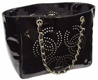 CHANEL BLACK PATENT PERFORATED CC TOTE BAG