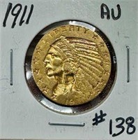 1911 $5 Indian Head Gold Coin - AU