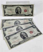 (4) 1953 Red Seal $2 Note