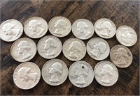 15 Silver Washington Quarters- Various Dates