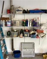 Contents of shelves in garage left of door