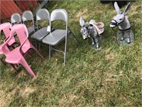 CEMENT LAWN DONKEYS & 8 CHAIRS