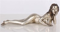 BRONZE SILVER TONED RECLINING WOMAN NUDE SCULPTURE