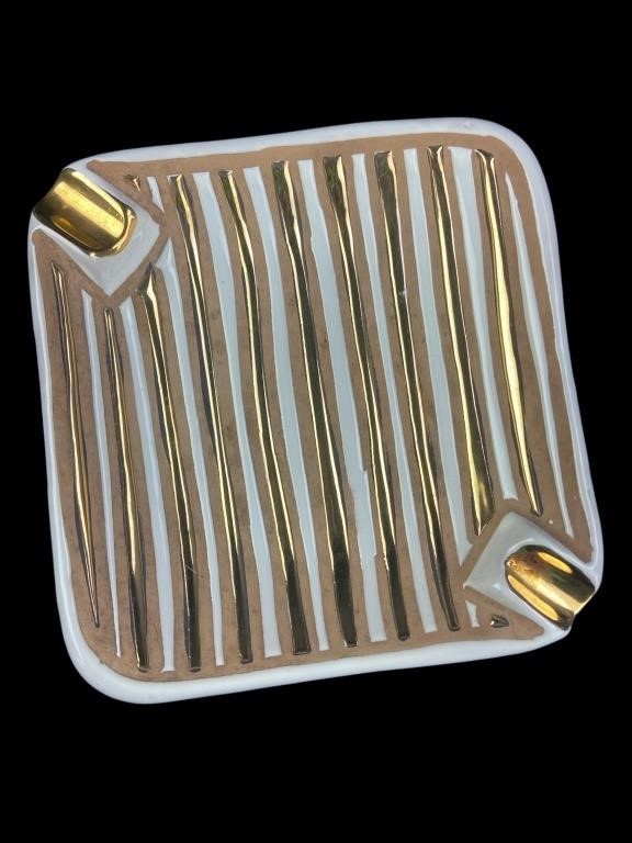 Vintage Italian Goldtone & White Striped Ashtray