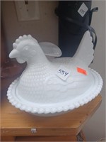 Milk Glass Top Hat, Milk Glass Hen on the Nest