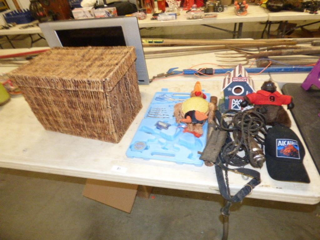 BIRD HOUSE, CLIPPERS, TOOLS, TV & REMOTE, BASKET